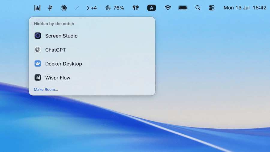 Pelmet's Shelf panel open beneath a MacBook menu bar, showing a +4 badge next to its chevron and listing four applications that the notch hid: Screen Studio, ChatGPT, Docker Desktop and Wispr Flow.